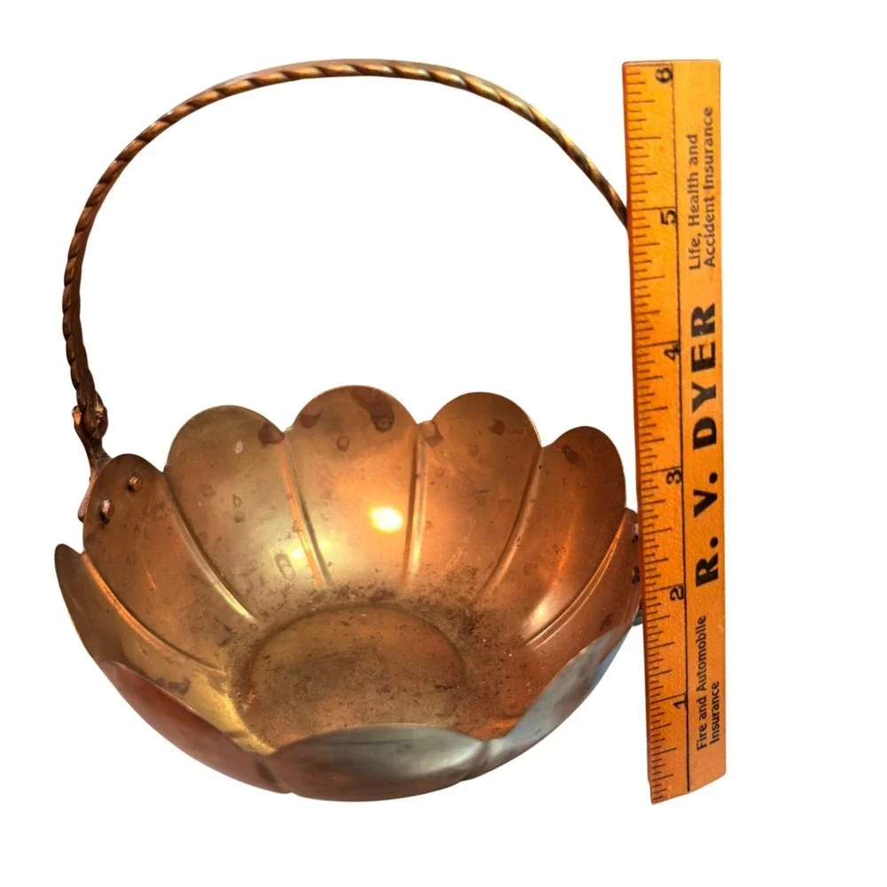 Vintage Brass Scalloped Basket With Twisted Handle Approx. 8